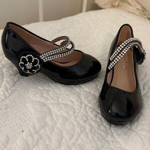 Black Patent Leather Mary Jane Shoes with Rhinestone Strap